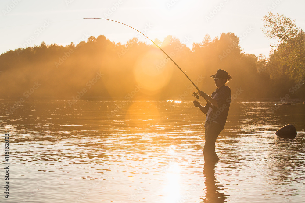 Fisherman sunset, cowboy hat, fog Fisherman sunset, cowboy hat, fog
