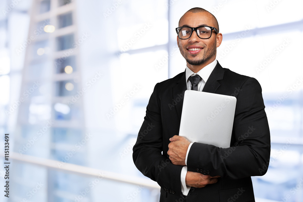 Fototapeta premium black business man with laptop