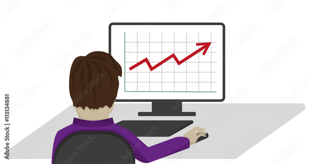 financier sitting at a table with his back looking at the graph.isolated illustration of a worker financier sitting at a table with his back looking at the graph.isolated illustration of a worker