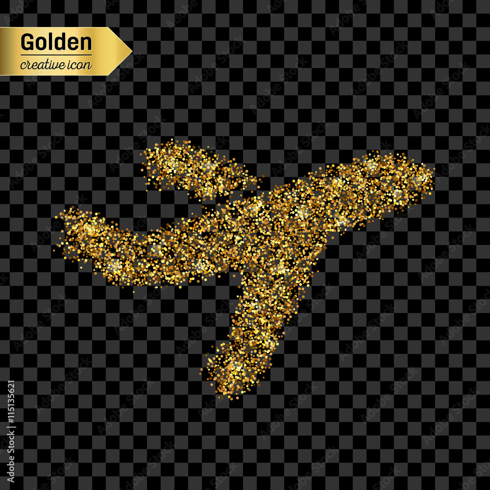 Gold glitter vector icon of airplane isolated on background. Art creative concept illustration for web, glow light confetti, bright sequins, sparkle tinsel, abstract bling, shimmer dust, foil. Gold glitter vector icon of airplane isolated on background. Art creative concept illustration for web, glow light confetti, bright sequins, sparkle tinsel, abstract bling, shimmer dust, foil.
