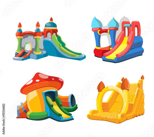 Vector illustration of inflatable castles and children hills on playground