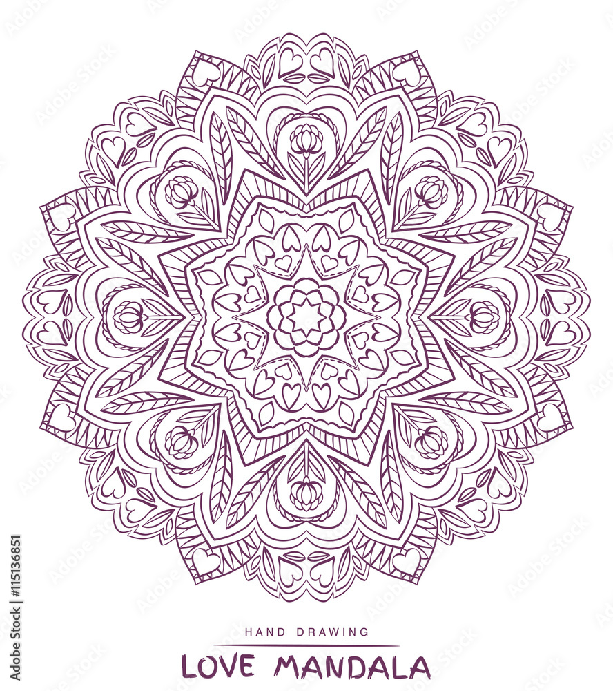 Vector mandala for coloring with valentines decorative elements.