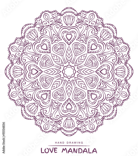 Vector mandala for coloring with valentines decorative elements.