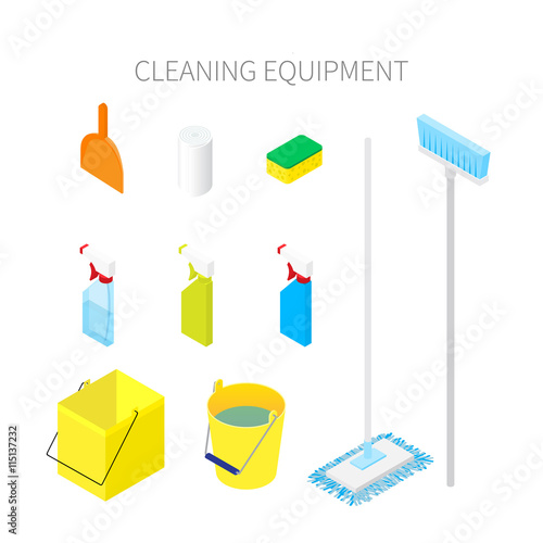 Isometric cleaning equipment isolated on white background. Vector illustration