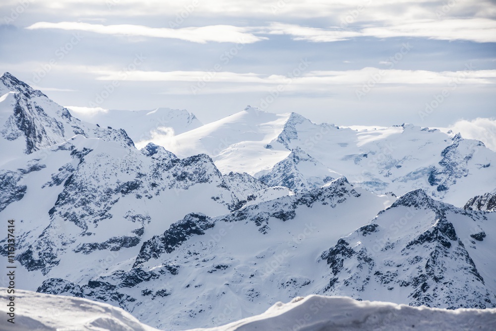 Holiday in Switzerland, foggy view of winter in Mount Titlis of snow