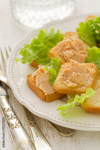 toasts with fish pate on white plate on white background