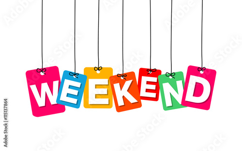 Vector colorful hanging cardboard. Tags - weekend