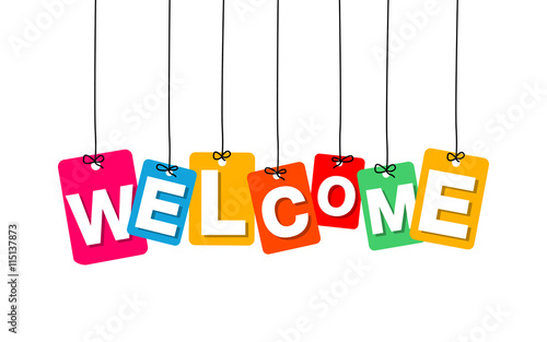 Vector colorful hanging cardboard. Tags - welcome