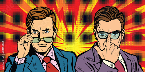 Two men with glasses look simply