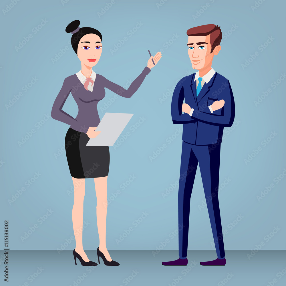 Colored flat design style illustration of business people - man and woman - dressed in suits. Isolated on stylish background. For infographics, banners and printed materials. vector Colored flat design style illustration of business people - man and woman - dressed in suits. Isolated on stylish background. For infographics, banners and printed materials. vector