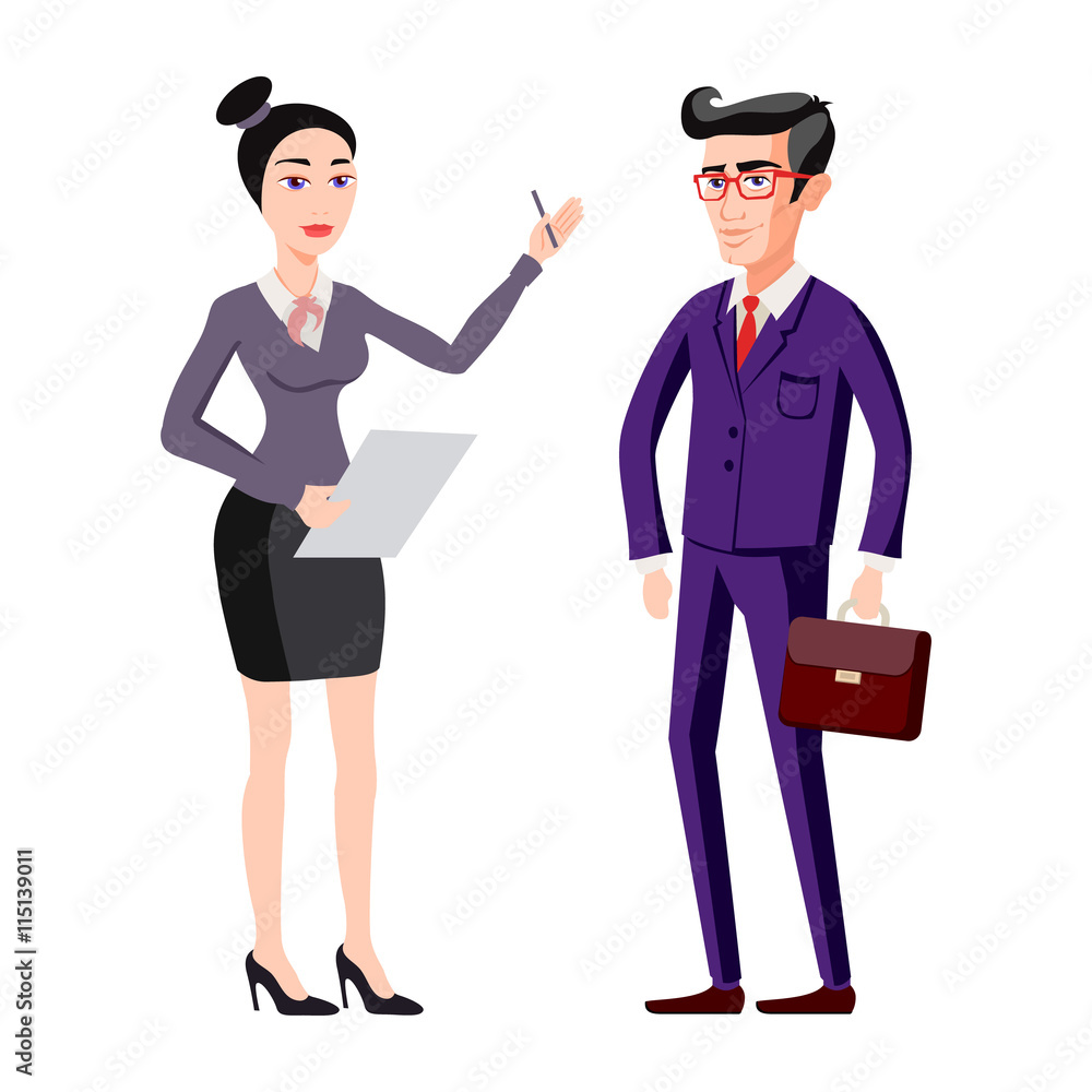 full length picture of a young business man and woman walking forward with a briefcase isolated on white background vector