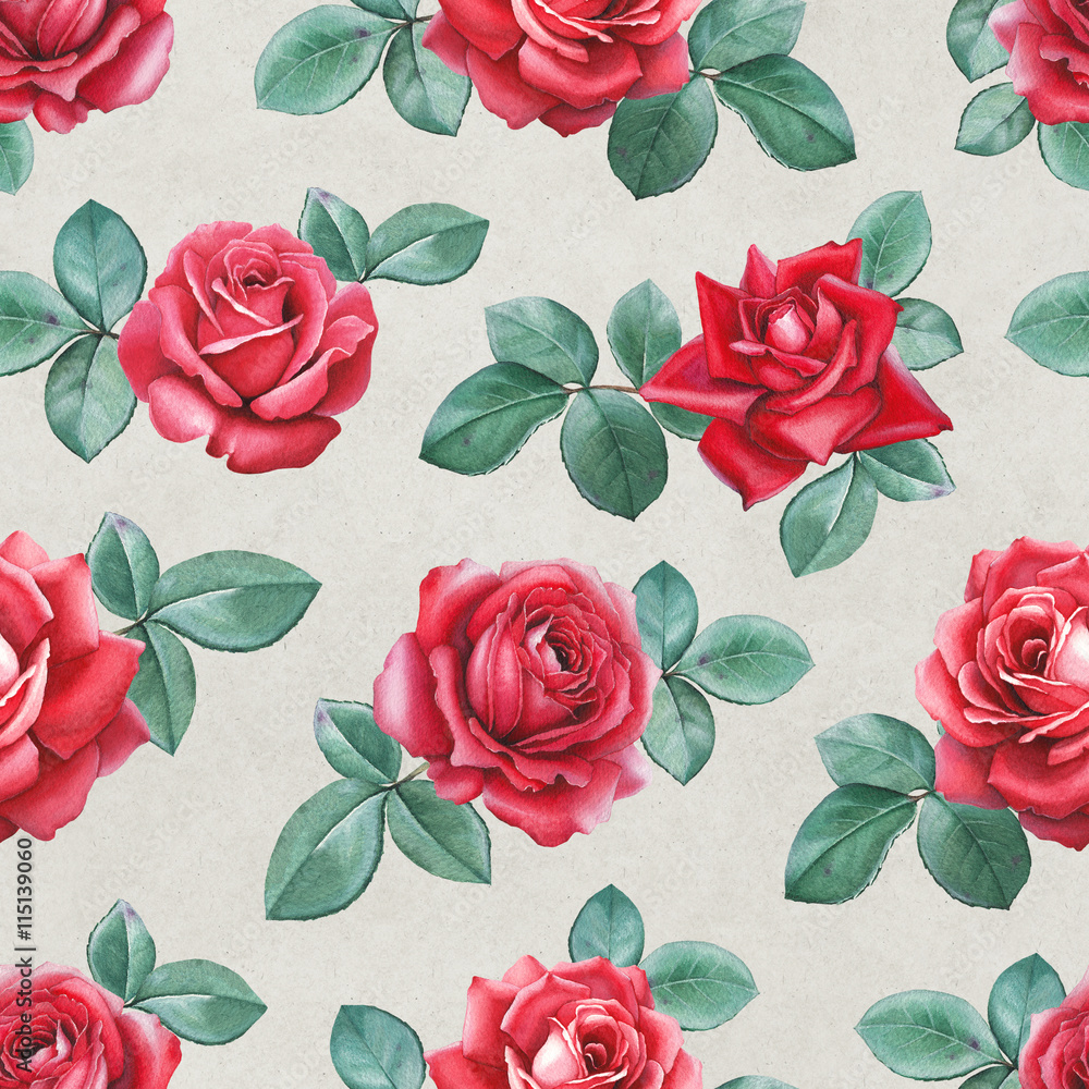 Watercolor rose flowers illustrations. Seamless pattern wall mural ...