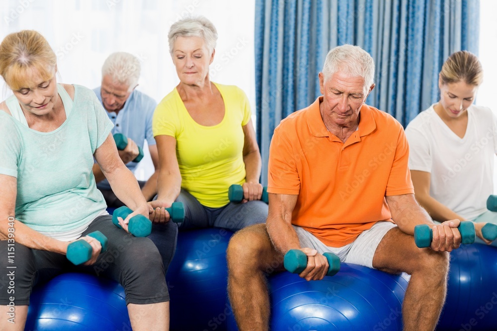 Seniors using exercise ball and weights Seniors using exercise ball and weights