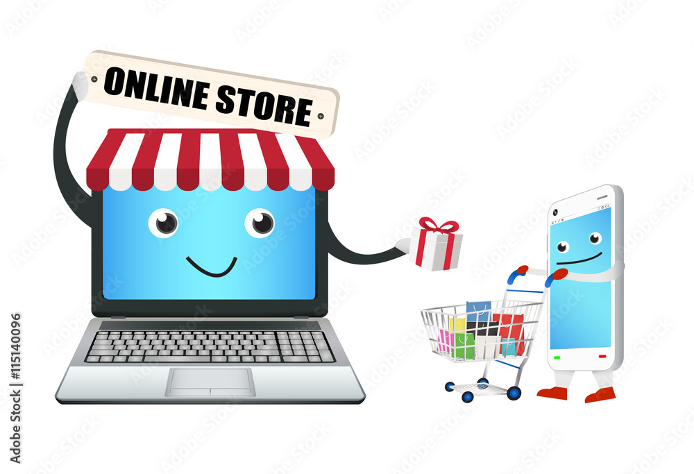 laptop online store with smart phone and shopping cart laptop online store with smart phone and shopping cart