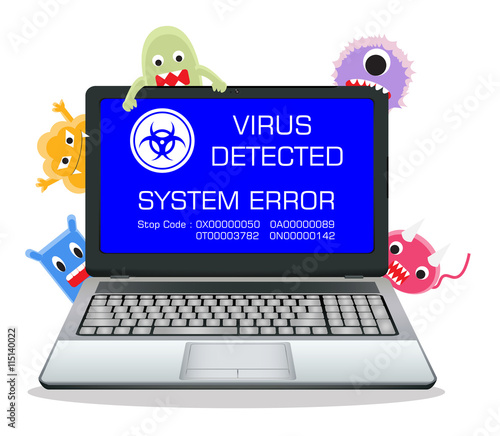 laptop error screen with cartoon virus