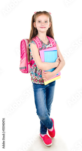 Portrait of smiling schoolgirl with books and backpack isolated © svetamart