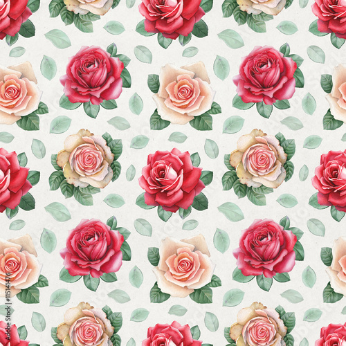 Watercolor rose flowers illustrations. Seamless pattern