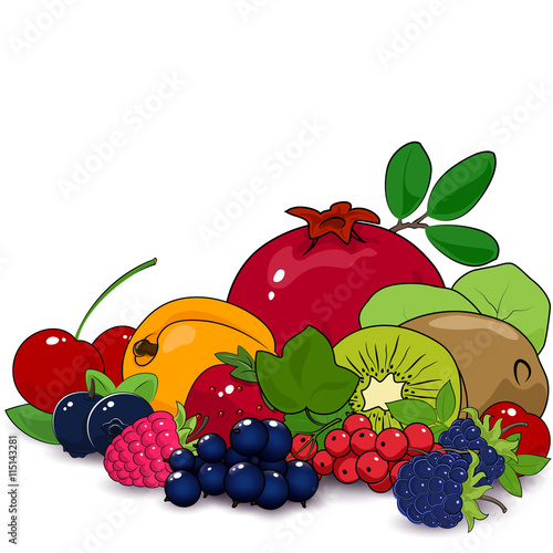 Fototapeta Naklejka Na Ścianę i Meble -  Juicy Summer Berries and Fruits , Natural Organic Concept, Fruits Isolated on White Background, Fresh Eco Fruits, Healthy Food Concept, Vector Illustration