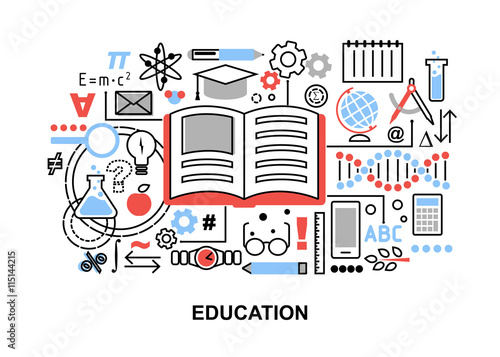 Modern flat thin line design vector illustration, concept of education process, learning in educational institution and items of study equipment, for graphic and web design