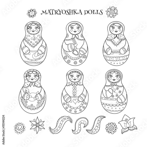 Collection of six hand drawn matryoshka dolls and decorative elements