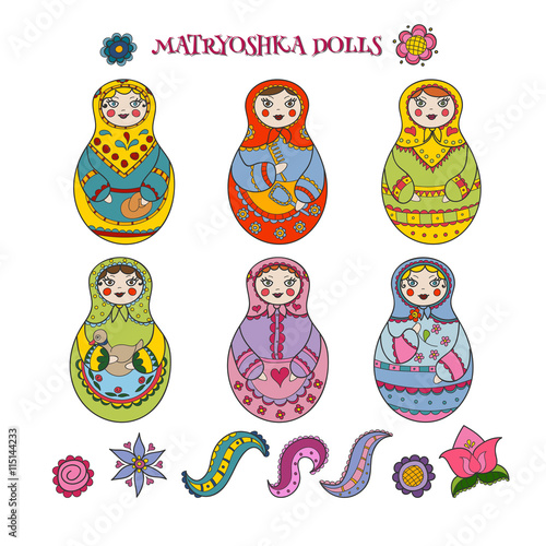 Collection of six hand drawn matryoshka dolls and decorative elements
