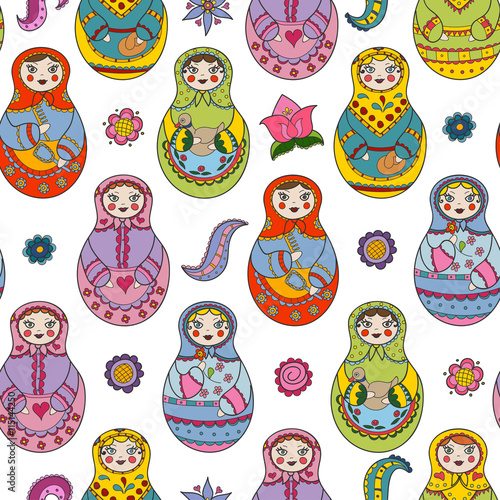 Vector seamless pattern with russian Matryoshka dolls and floral elements