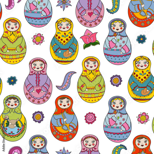 Vector seamless pattern with russian Matryoshka dolls and floral elements