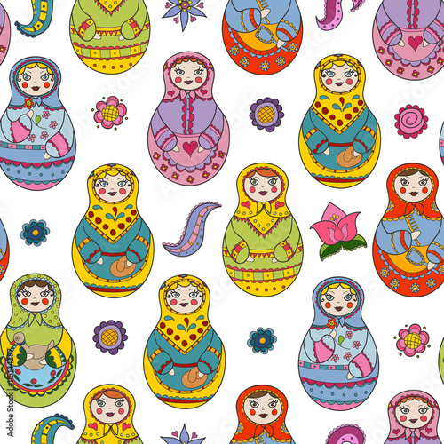 Vector seamless pattern with russian Matryoshka dolls and floral elements