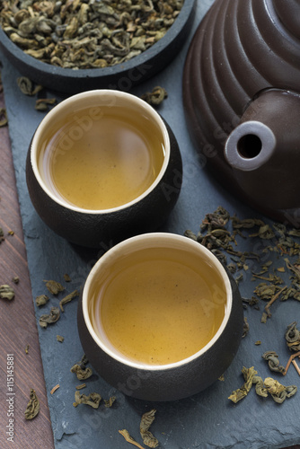 teapot and cups with green tea, vertical © cook_inspire
