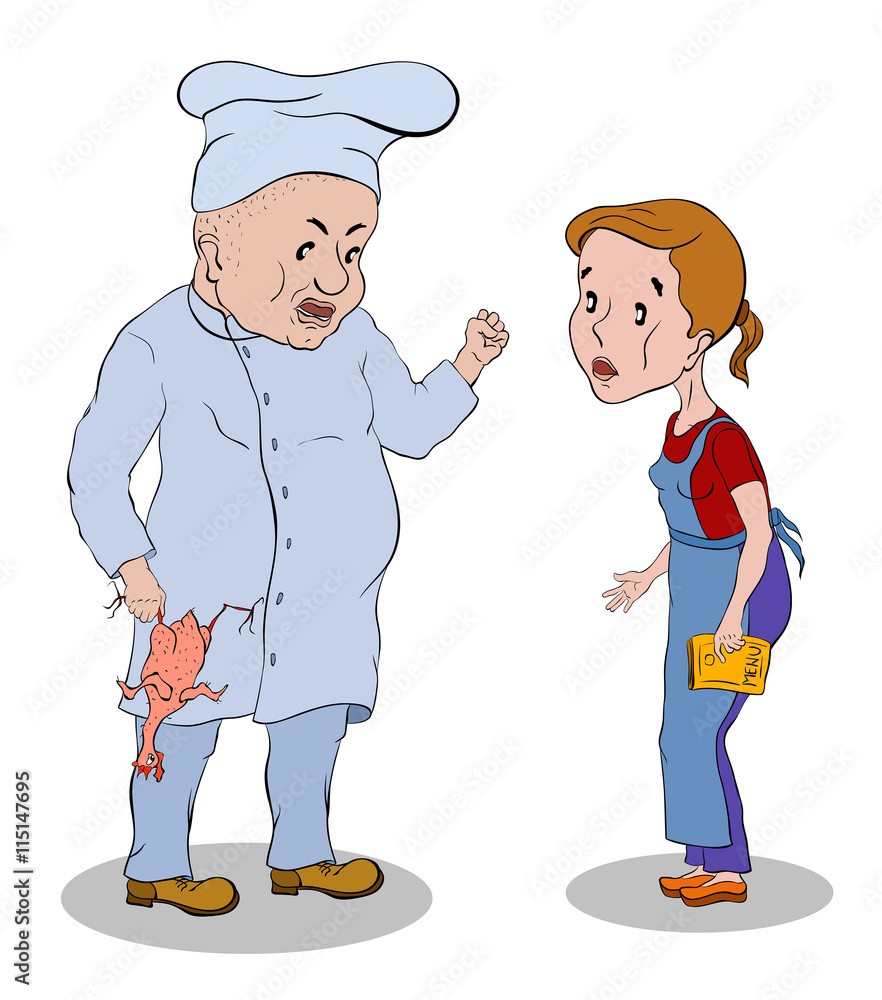 cook in white hat with a chicken in his hand waitress scolds