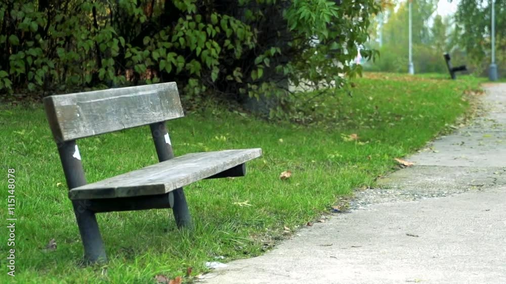 Slowmotion wooden bench in park Slowmotion wooden bench in park