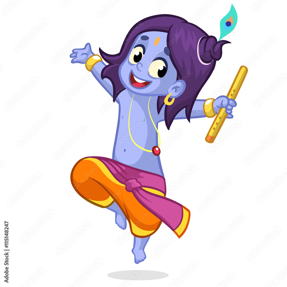 Little cartoon Krishna dancing with a flute. Greeting card for Krishna birthday. Vector illustration isolated on a white background. Stock Vector | Adobe Stock Little cartoon Krishna dancing with a flute. Greeting card for Krishna birthday. Vector illustration isolated on a white background. Stock Vector | Adobe Stock