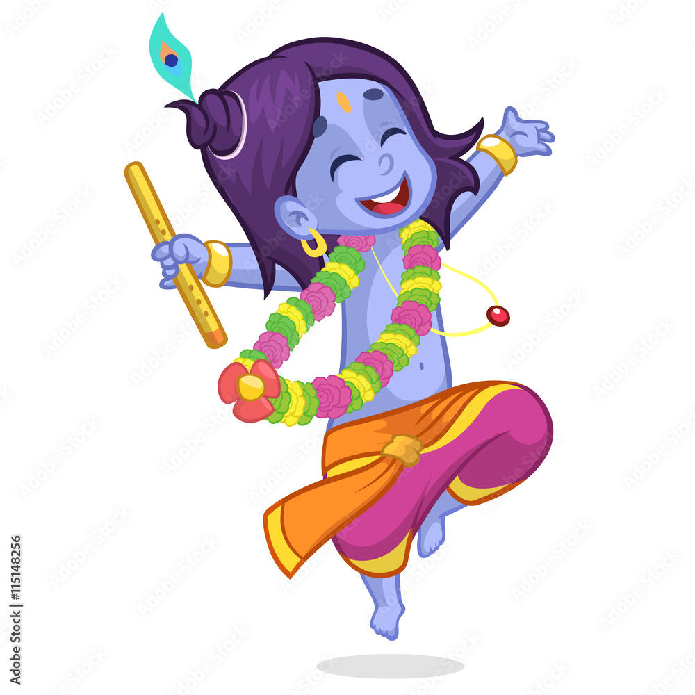 Little cartoon Krishna with eyes closed dancing with a flute. Greeting card  for Krishna birthday. Vector illustration isolated on a white   Stock Vector | Adobe Stock