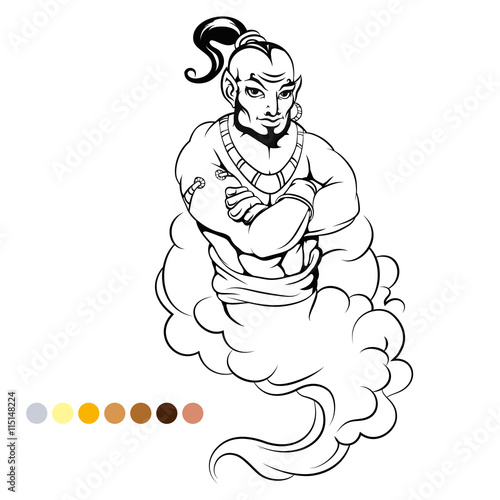 Coloring page genie and color samples vector illustration
