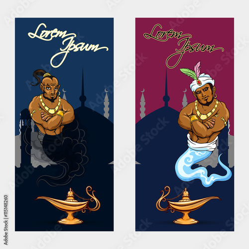 Set of oriental tale banners with genie lamp and mosque. Vector illustration