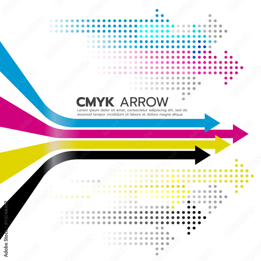 CMYK (cyan and magenta and yellow and key or black) arrow line and dot ...