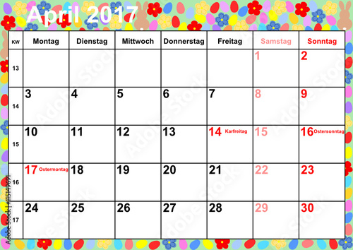 Kalender 2017 Monat April mit Feiertagen für Deutschland auf buntem Hintergrund mit Ostereiern, Osterhasen