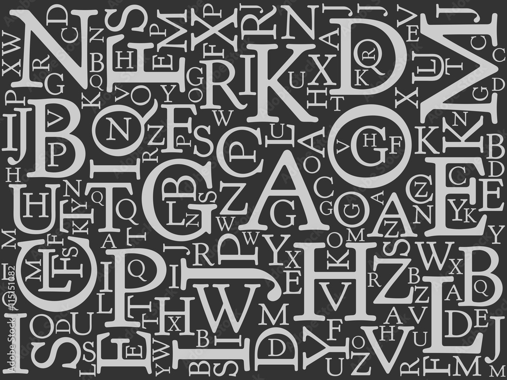 Background mosaic of light latin alphabet letters in various sizes on dark background. Serif font. Vector illustration background. School theme. Education theme. Library theme.