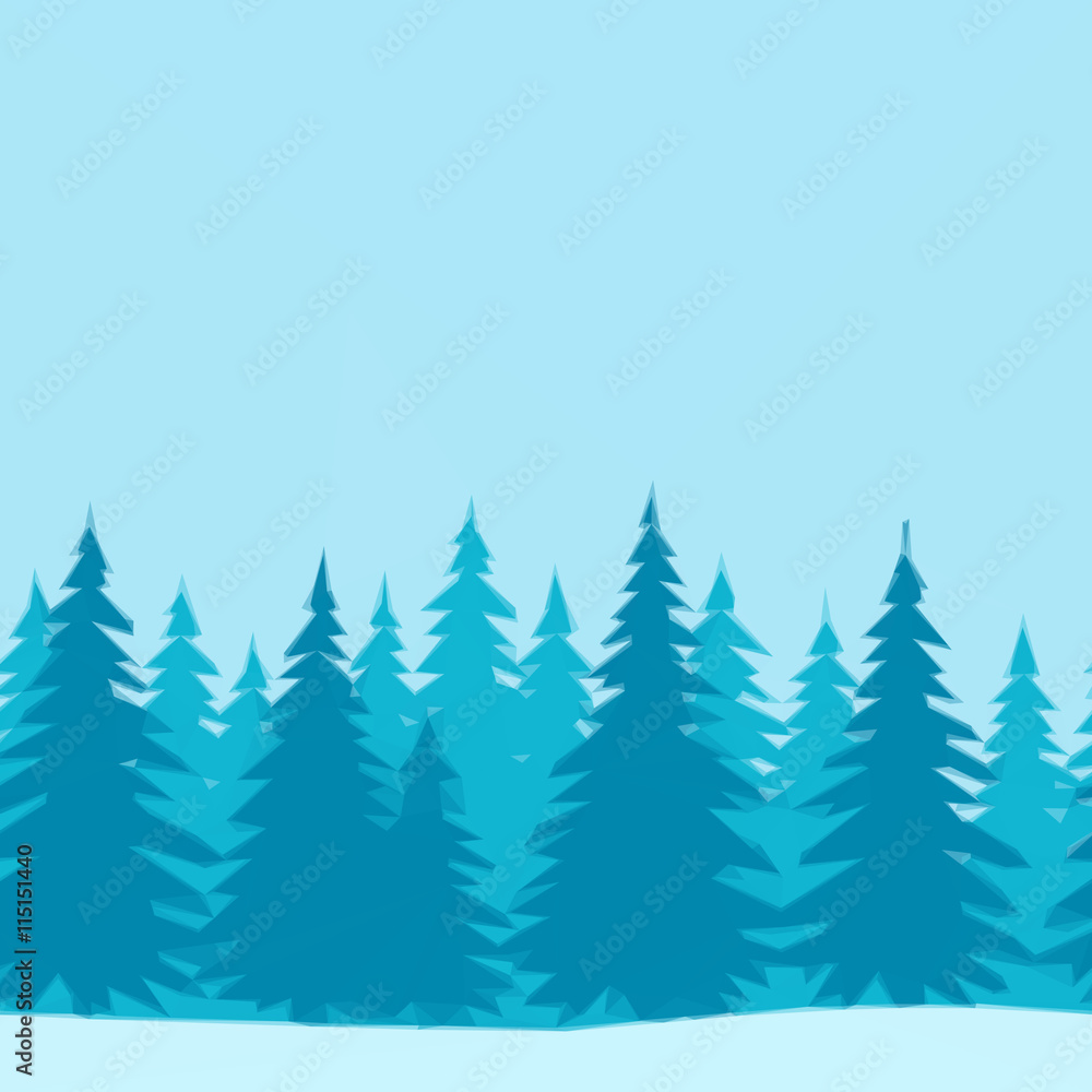 Obraz premium Christmas Holiday Background, Winter Forest with Fir Trees on Blue, Low Poly. Vector