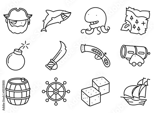 Vector  minimalistic thin and simple pirate and criminal  icons set © gollli