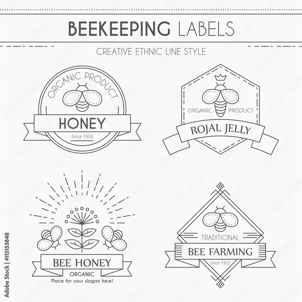 Vector Beekeeping labels in thin line style