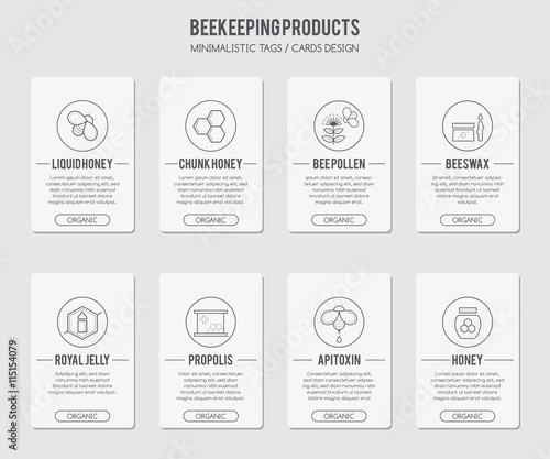 Organic honey card template with thin lile style illustration of beekeeping products photo