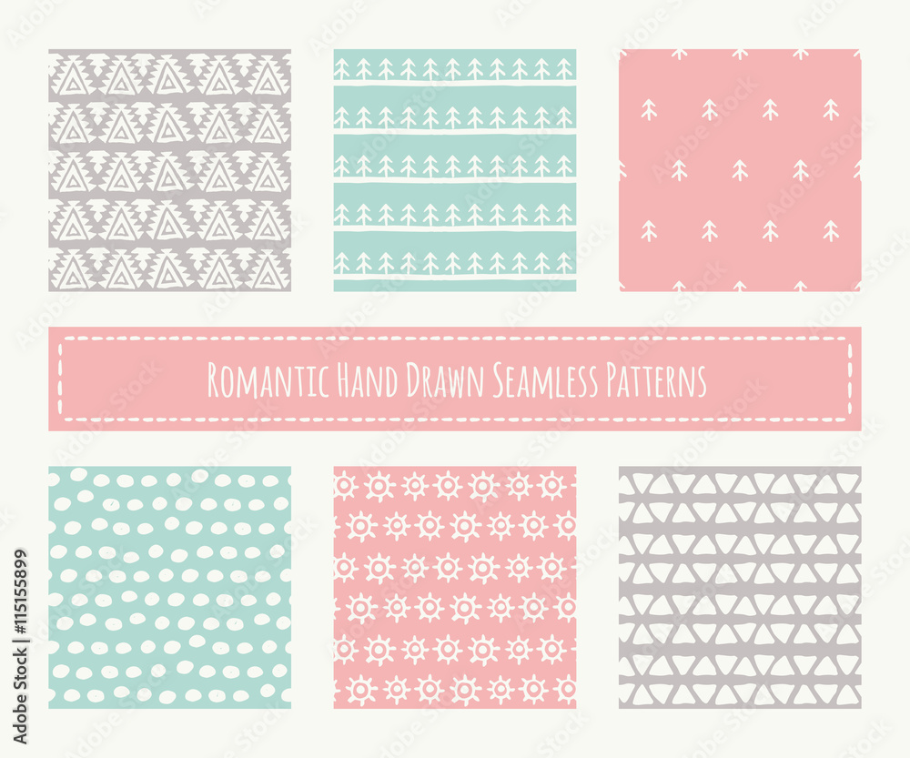 Collection of tribal seamless patterns with archaic geometric ornament