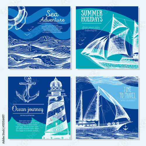 Sea set. Nautical elements banner collection. Vector illustration drawn in ink.