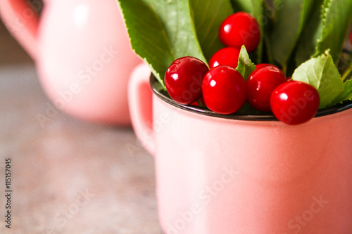 ripe red cherry on wooden background. delicious