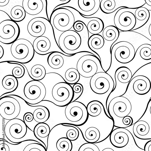 Black swirls seamless pattern on white. Vector illustration.