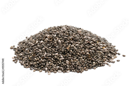 Pile of chia seeds close up on a white background