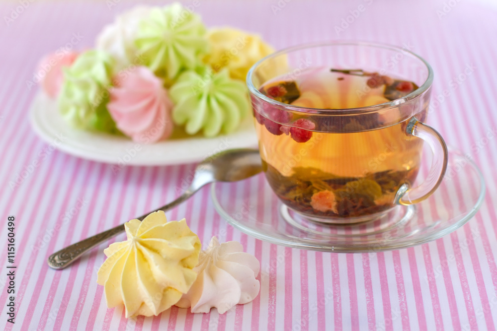Marshmallow and cup of tea on table. Marshmallow and cup of tea on table.