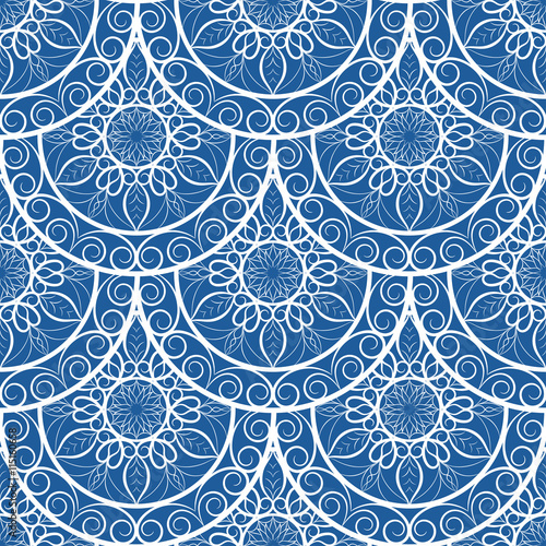 Vector Seamless Blue Floral Mandala Pattern