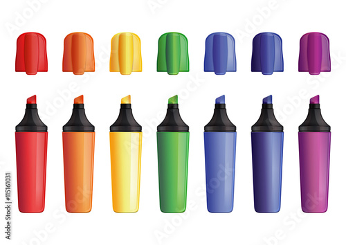 Set of colored outdoor markers with cap. Felt pen. Felt-tip pen. Vector illustration isolated on white background